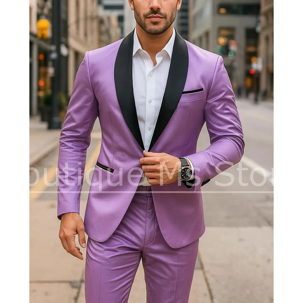

Men's Purple Suit Set with Black Shawl Lapel One Button Blazer and Pants Fashion Formal Outfits for Wedding Party Stylish Suits