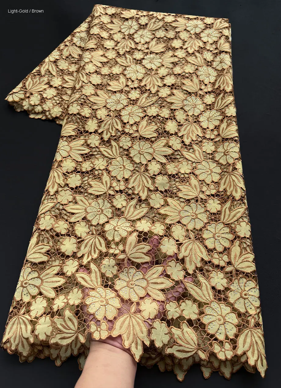 

Unique Small Floral Perforated Silk Lace African Embroidered Voile Lace Mix Guipure Cord Fabric With Clear Stones Fashion Cloth