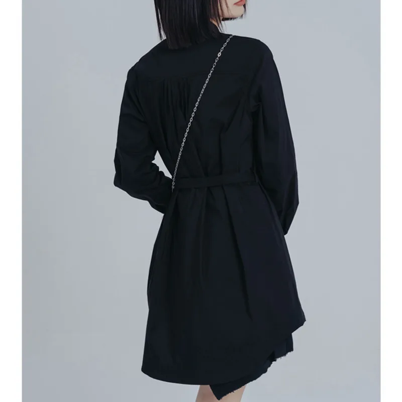 KWTX 에지 스트릿웨어 블랙 셔츠 탑 경량 스탠드 칼라 타이 벨트 사이드 스냅 캐주얼 봄 여름 2025 패션 시크