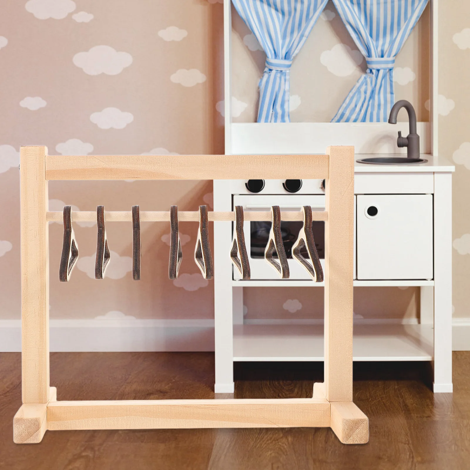 

1Set Miniature Wooden Wardrobe Clothes Rack Exclusive Hangers Children Room Storage Organizer Dollhouse Accessories