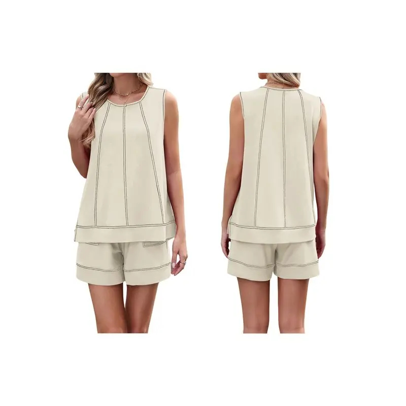 

CYL-Women's Two Piece Short Sets Sleeveless Tank Tops Drawstring Elastic Waist Shorts With Pockets
