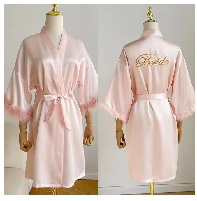 Witte Bruid Bruiloft Gewaad met Veren Vrouwen Satijnen Peignoir Sexy Bruidsmeisjes Kimono Toga Korte Badjas Bruids Intieme Lingerie