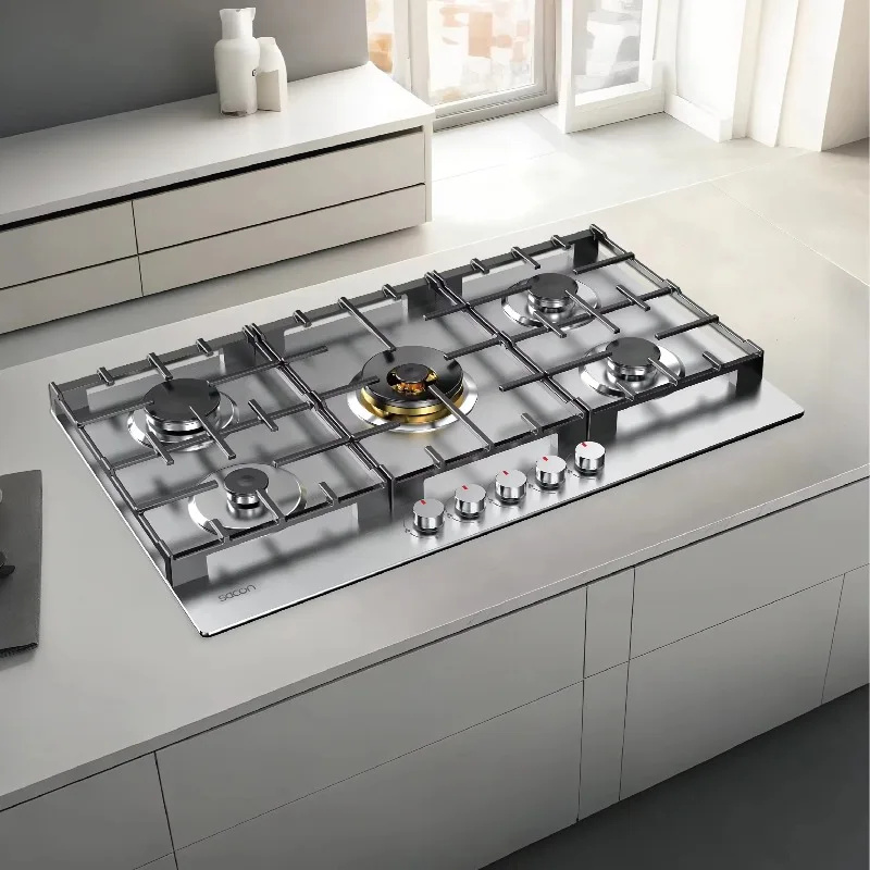 High-End Modern Stainless Steel Kitchen Gas Hob with 5 Sabaf Burners
