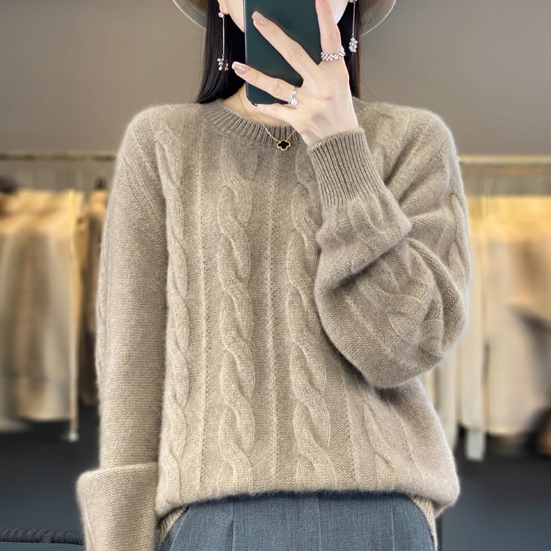 100% wool women's autumn and winter new sweater O-neck cashmere sweater solid color thickened loose knit loose casual top