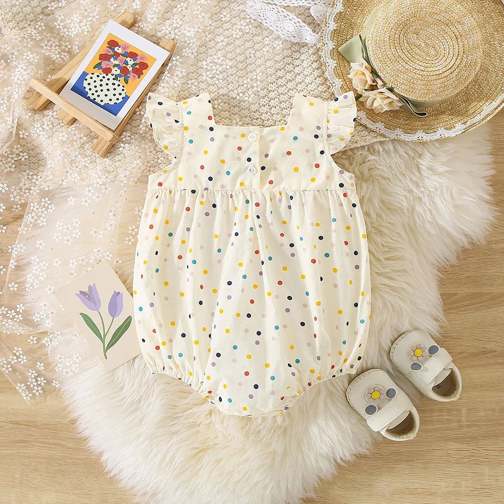 Summer Baby Girl Colorful Dotted Three Flowers Embroidered Little Flying Sleeves Jumpsuit Girl Cute Cotton Crawling Sweetheart