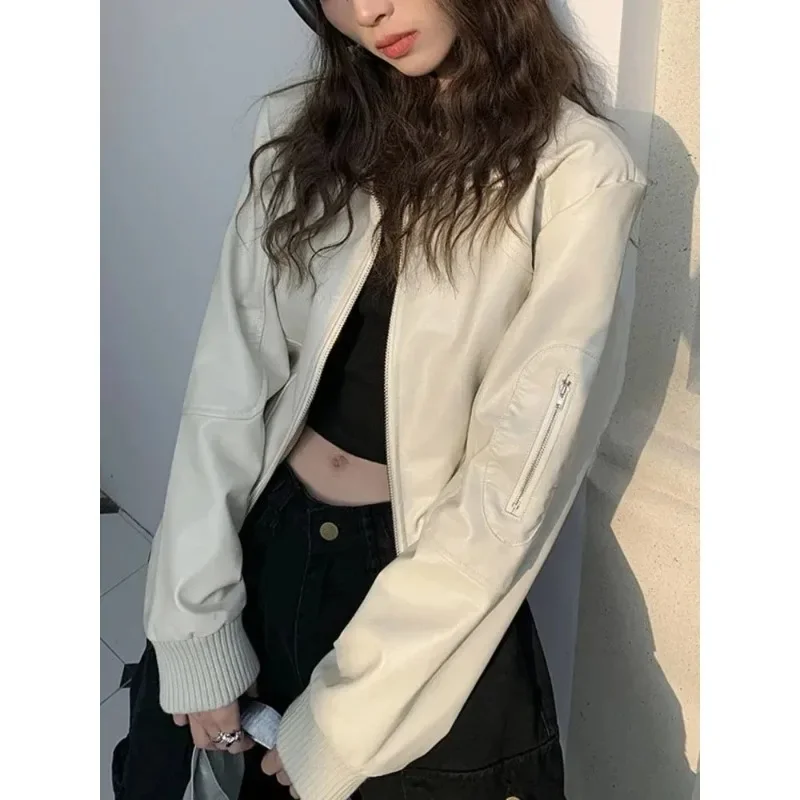 Chaquetas de cuero PU con cremallera y cuello levantado para Mujer, Chaquetas informales holgadas para Moto, Chaqueta de manga larga para Mujer, abrigos para otoño 2024