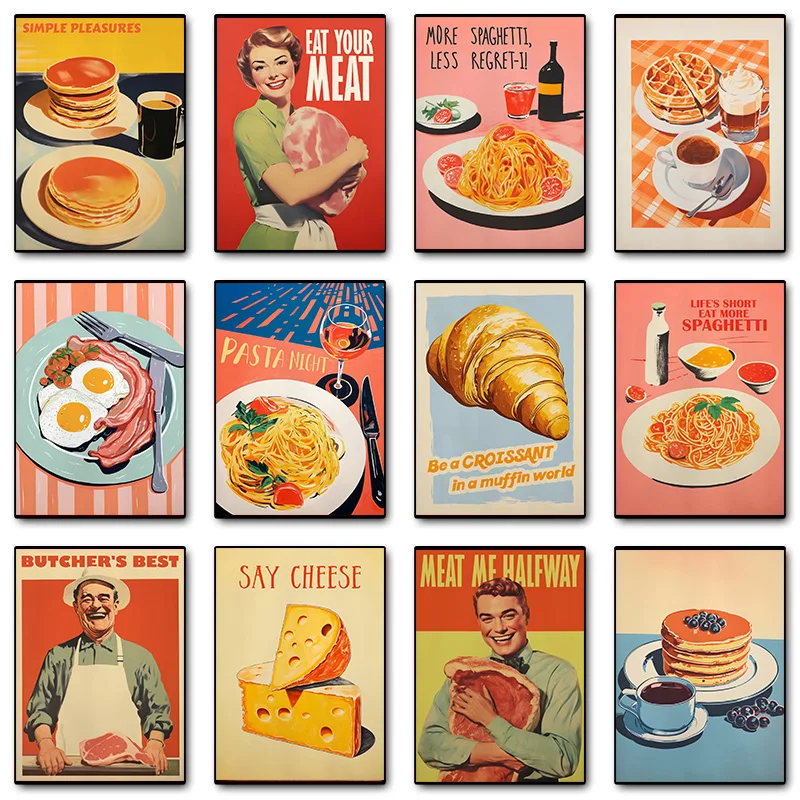 Retro Funny Food Meat Eggs Bacon Cheese Pizza Croissant Poster Print Wall Art Pictures Canvas Painting Living Room Home Decor