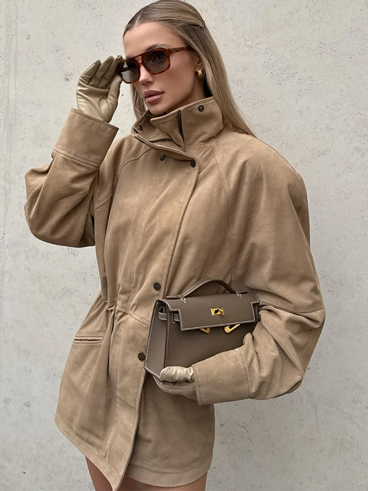 

Женское повседневное однотонное замшевое пальто с длинным рукавом и воротником-стойкой, двубортная облегающая верхняя одежда, новинка 2023 года, осенние женские повседневные уличные пальто