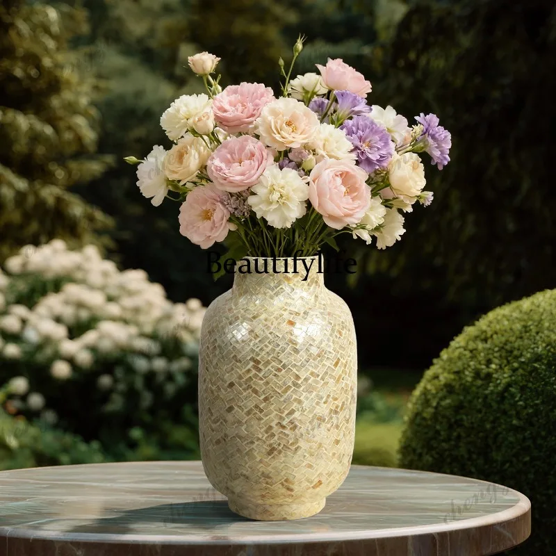 Natural shell inlaid vase handmade, parquet decorative flower ware, living room entrance soft decoration ornament