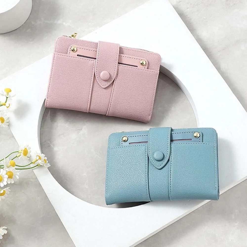 Portable Women Wallet Multiple Card Classic Style Solid Color Card Bag Snap Button Anti-Splash Water Lady Short PU Purses Women