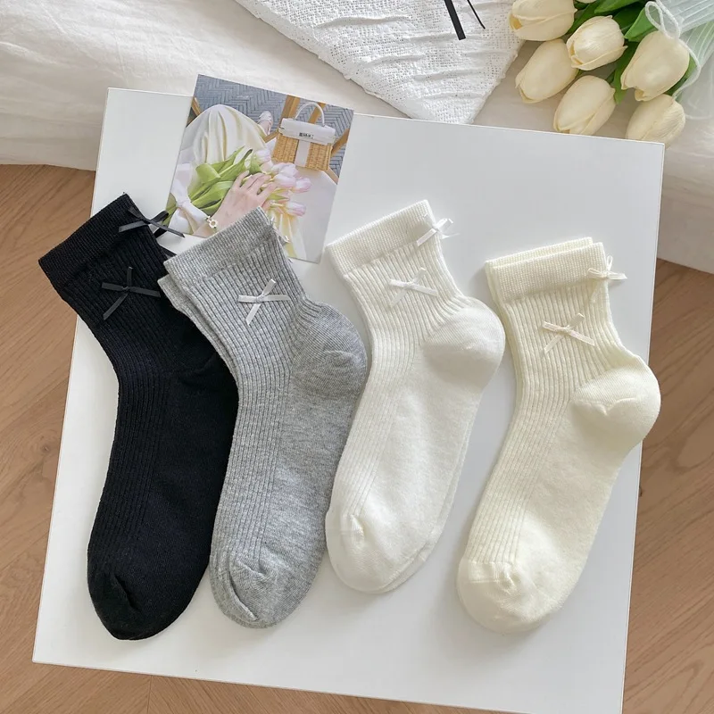 

hot sales new arrvied girls socks children students young girl Teenagers summer stealth white black bow solid sock 5pair/lot