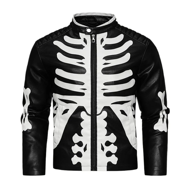Men's High Street Skeleton Biker Jacket Streetwear Faux Leather Coat With Skull Pattern Windproof Motorcycle Rider Outerwear