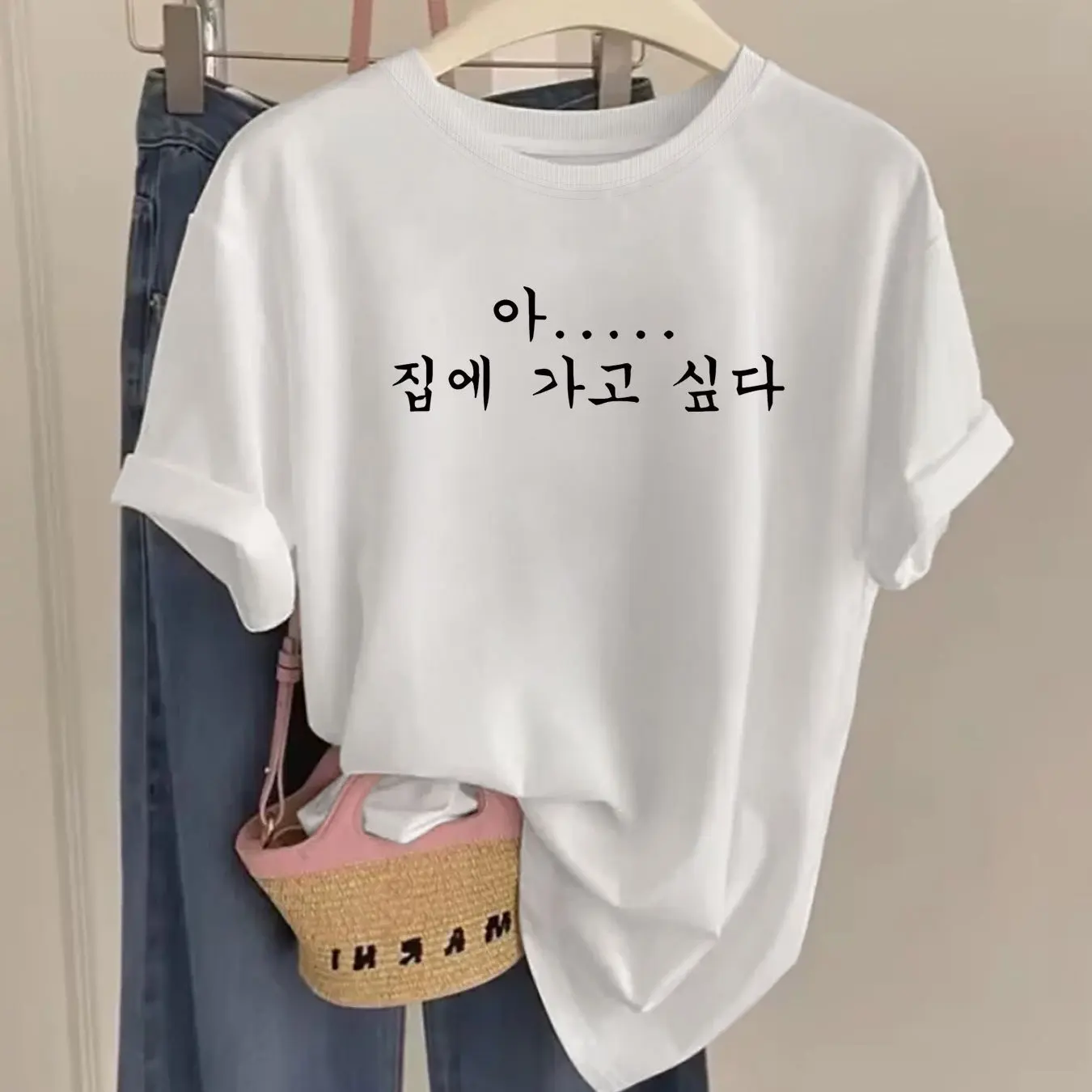 Handwritten Korean Print Womens Tee Round Neck Short Sleeve Casual Daily Tops Spring Summer