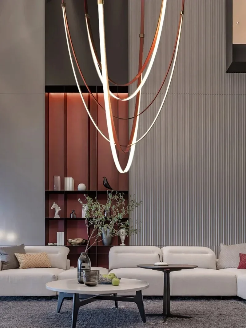 Modern Dimmable LED Pendant Light, Flexible Brown & Black Belt Suspension Lamp, Stylish Chandelier for Living Room