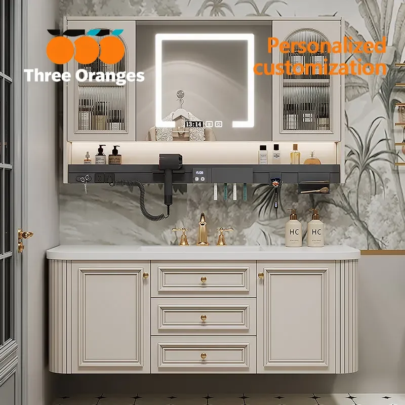 S178 French Style Light Luxury Solid Wood Slab Seamless Ceramic Basin Bathroom Cabinet Combination Integrated Washing Hands Face
