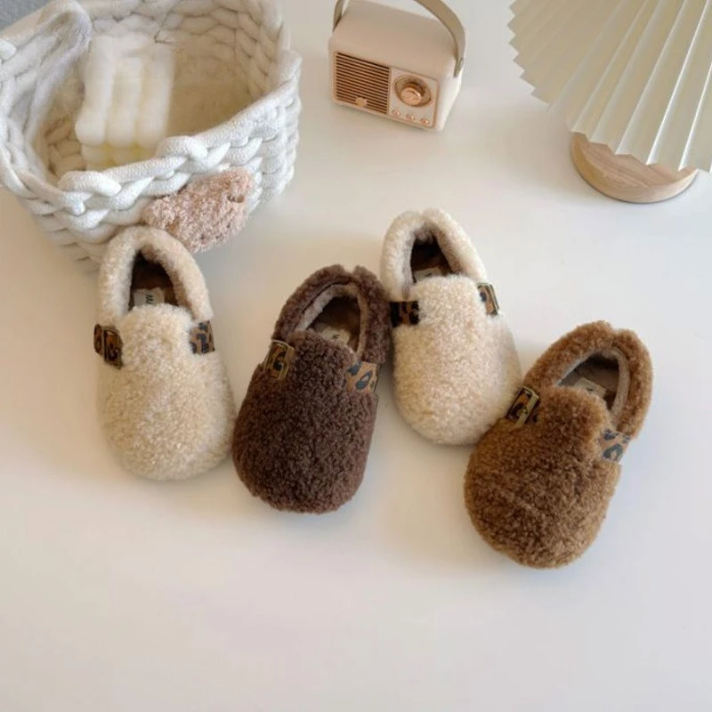 

Kids Princess Shoes Suede Warm Sweet Girls Flat Shoes Leopard Round Toe 2025 Winter New Fashion Children Moccasin Non-slip Cute
