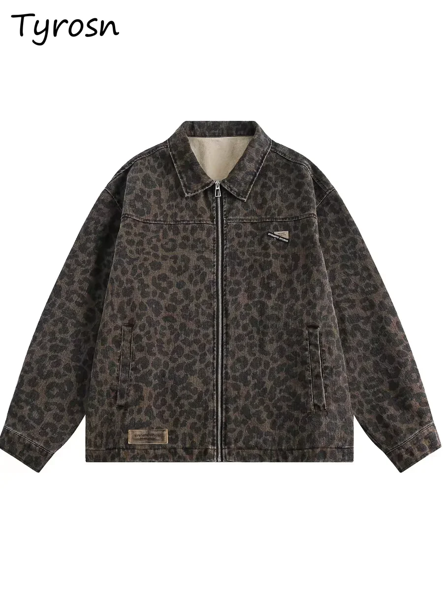 

Leopard Print Jackets Women American Lapel Retro Loose Trendy Niche High Street Casual Denim Coats Couple Prevalent Autumn New