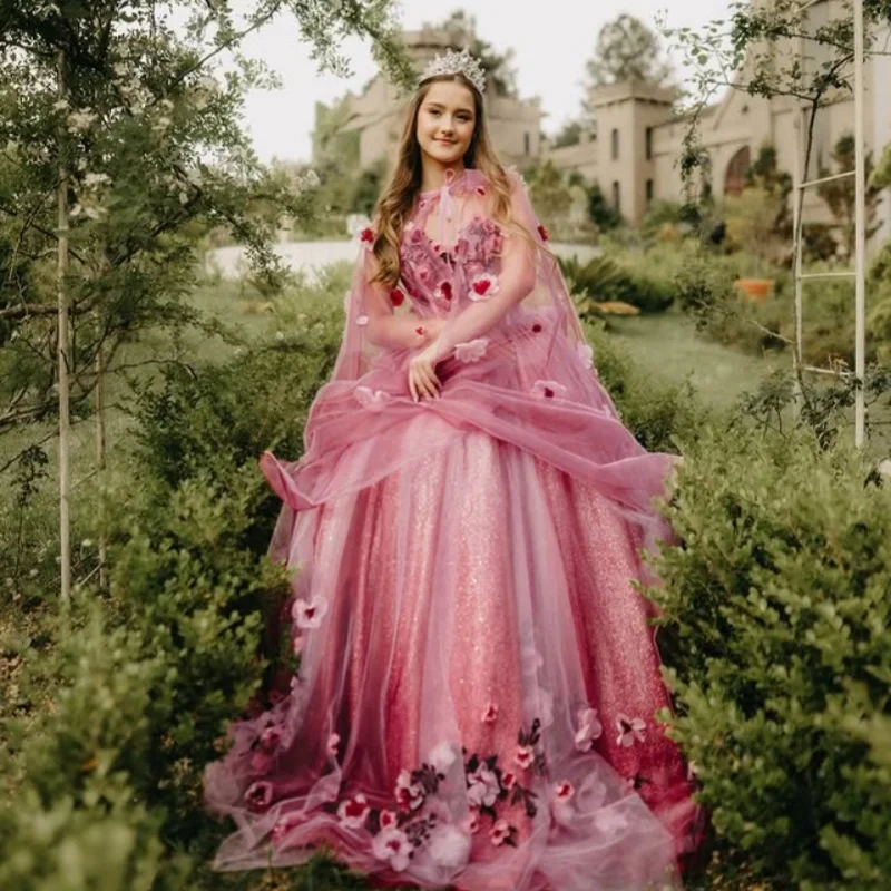 

Shiny Peachy Pink Appliques Wedding Dresses off-shoulder A skirt decal Bridal 3D flower Gowns Made Customized