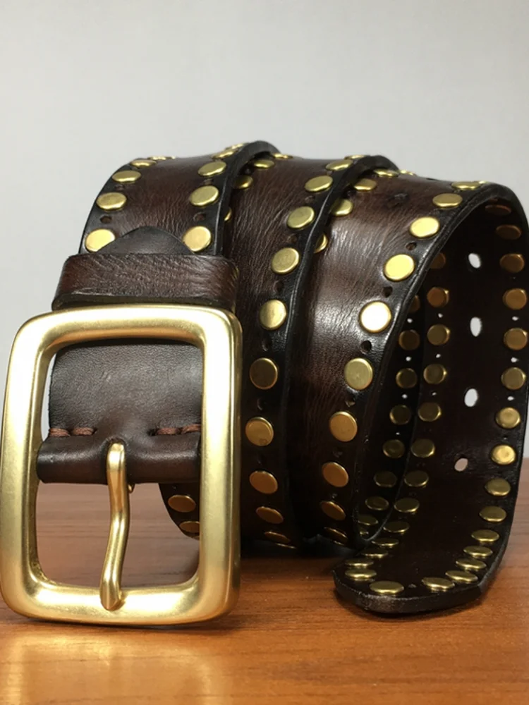 Fashion Mens Copper Pin Buckle Cowhide Genuine Leather Belt Punk Style Rivets Studded Strap For Pants Motorcycle Waistband