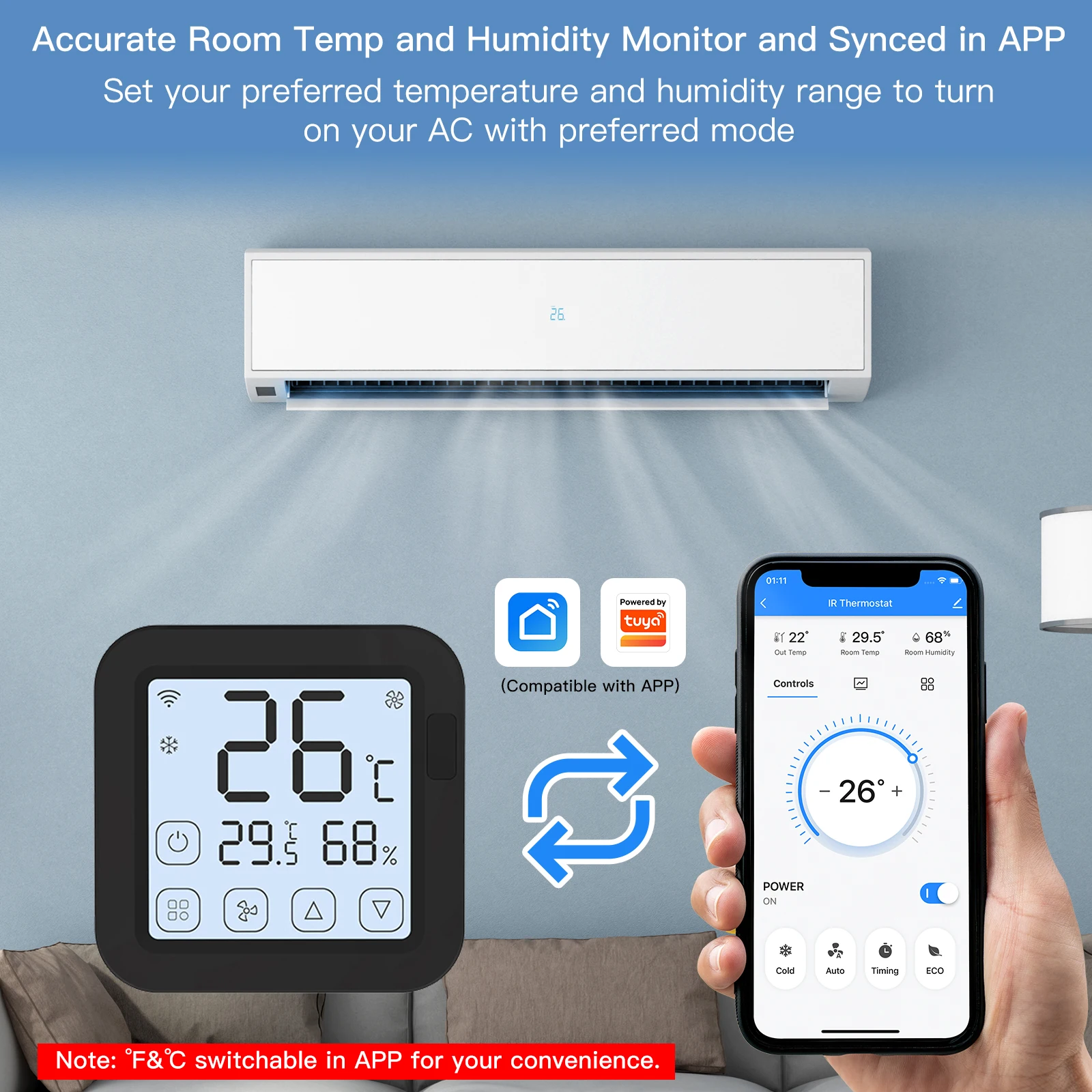 Controle remoto sem fio com tela LCD Touch Button, Built-in Sensor de temperatura e umidade, controlador de termostato IR, Tuya, Wi-Fi, Novo