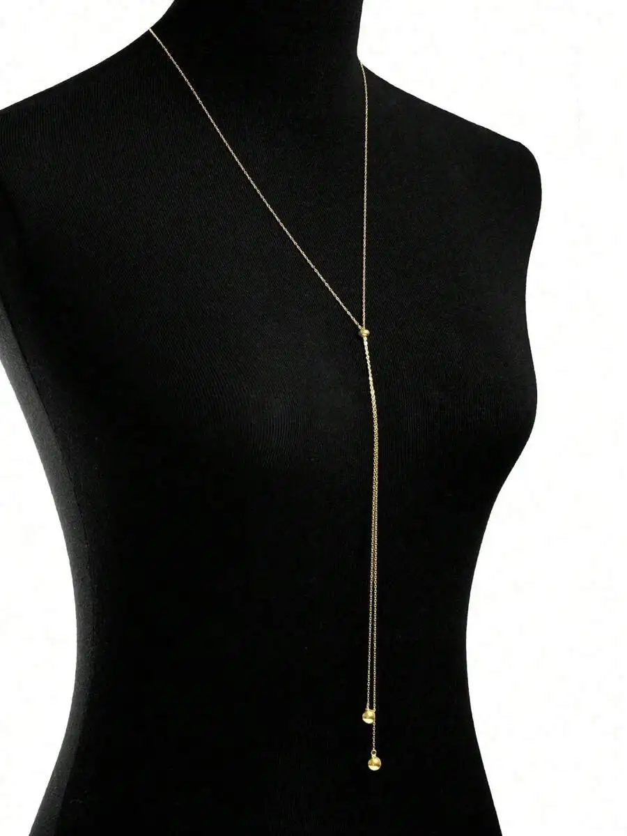 1pc 18K Gold Plated Stainless Steel Round Bead Pendant Adjustable Long Necklace, Fashionable Minimalist Design Suitable For Dail view 3