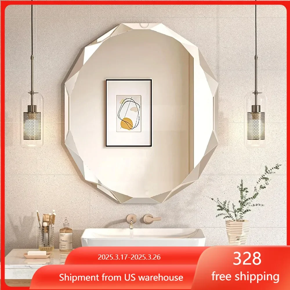 Beveled Edge Frameless Mirrors for Bathroom Sink 30'' X24'' Oval Vanity Mirror Wall Mounted Scalloped Bathroom Mirror Horizontal