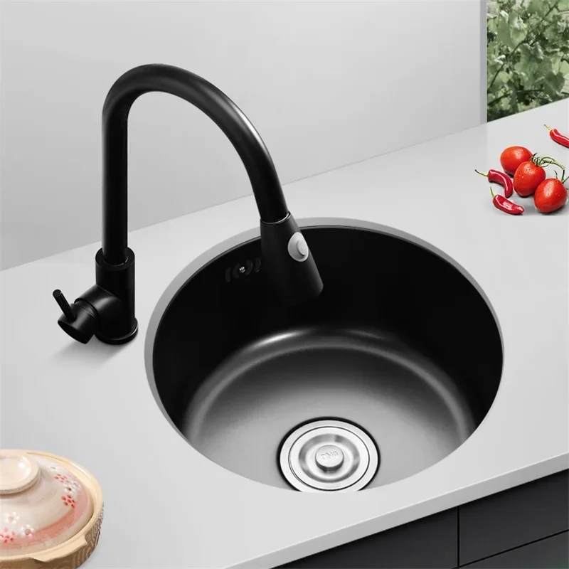 Black Nano Kitchen Sink Mini Round Small Single-slot 304 Stainless Steel Sink Bar Balcony Kitchen Wash Basin Under-counter Basin