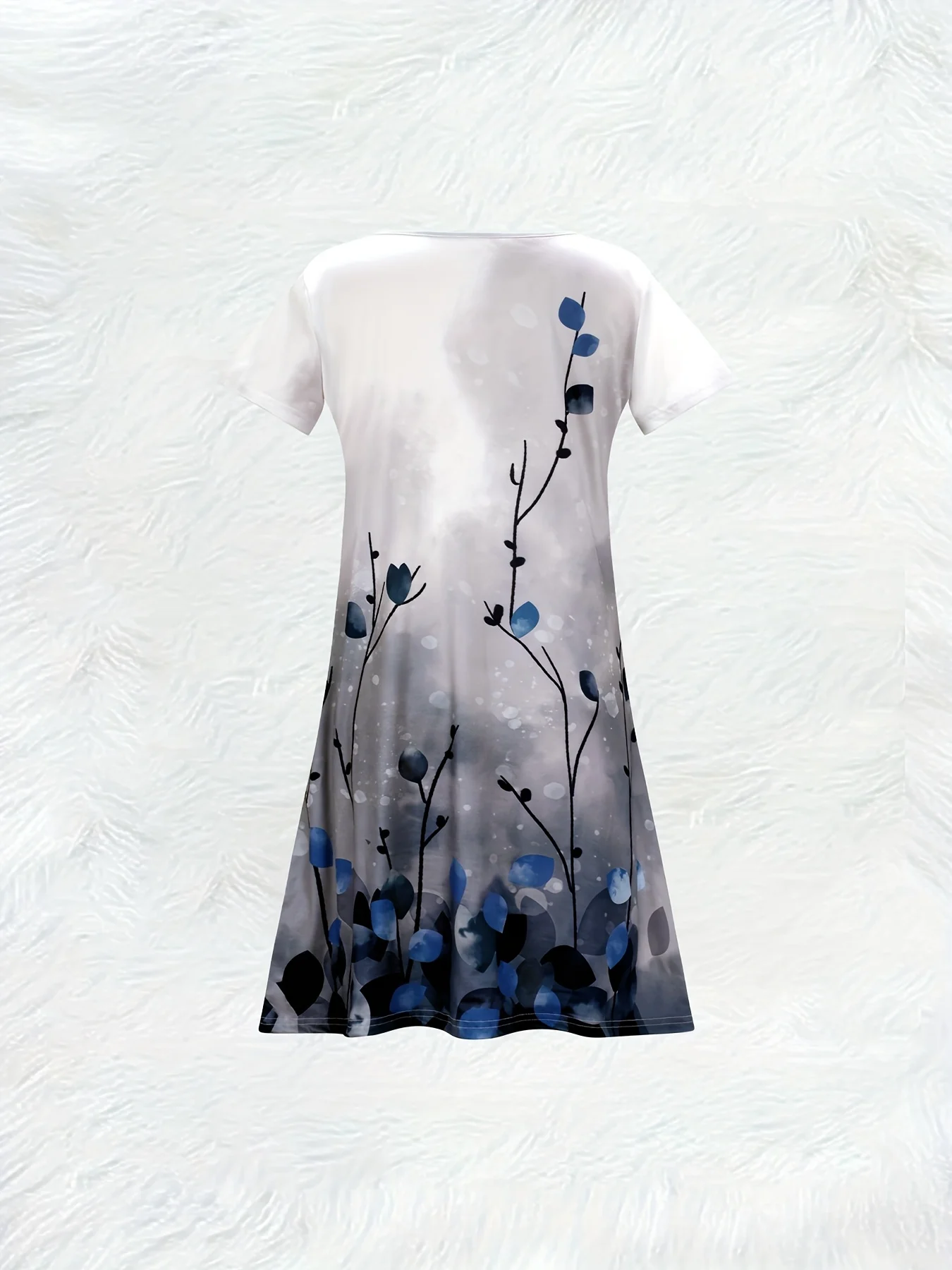 Neck Short Sleeve Floral Dress Blue - Image 2