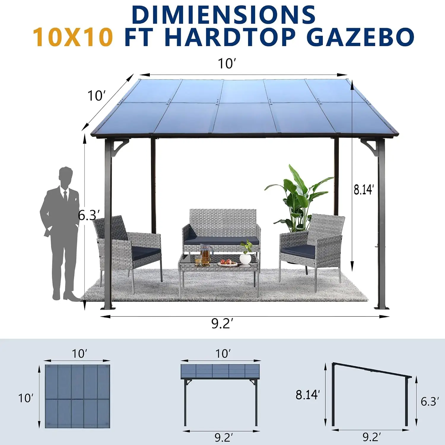 Wall-Mounted Lean-to Gazebo Hardtop Steel Frame Weather-Resistant Outdoor Awning Patio Deck 10x10ft, Customized