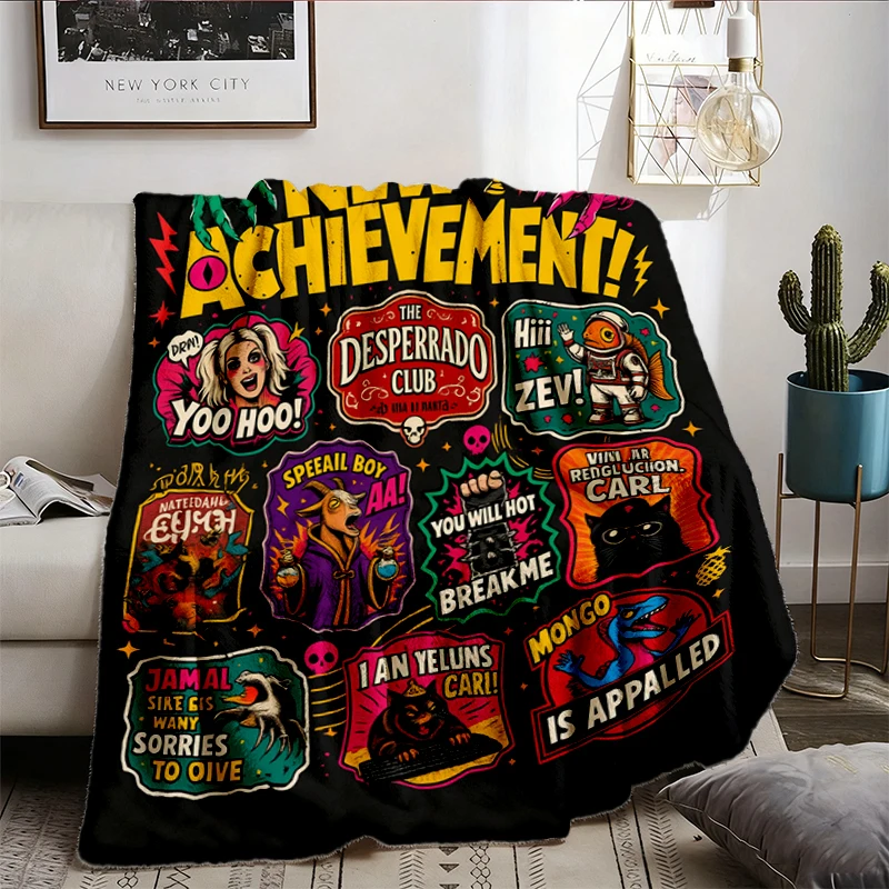 Dungeon World Stamps Flannel Blanket, LitRPG Desperado Club Throw, New Achievement Book Lover Gift