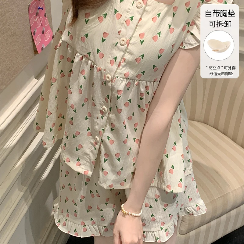 

New summer pajamas women's sleeveless shorts two-piece set loose cute sweet with chest pad homewear summer