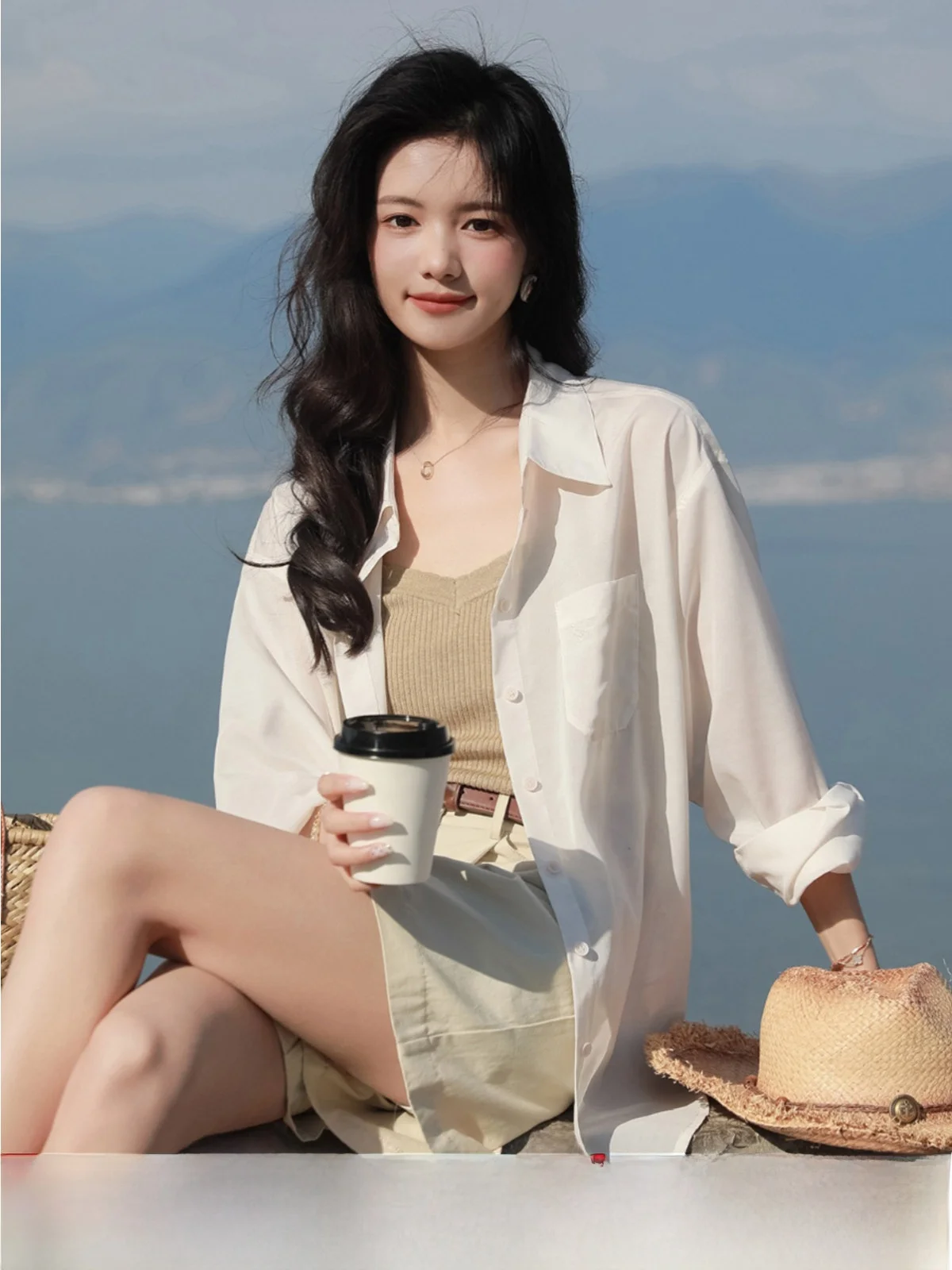 

Sun Protection Long Sve irt Set Lightweight Summer Spring New Sle Versatile Strappy Vest Top Polyester Blend Casual Wear