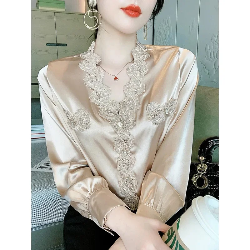 

2024 Autumn Korean Female New Style Satin Square Collar Long Sleeve Top Heavy Silk Shirt Women's Ink Dyed Bamboo Print A shirt