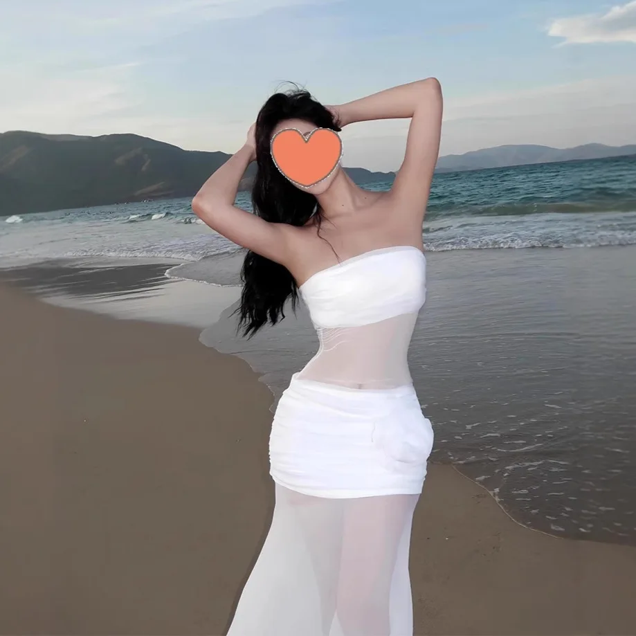 Trendy mesh lange jurken voor dames sexy doorzichtige strapless geplooide witte jurk 2025, nieuwe strandvakantie elegante jurk