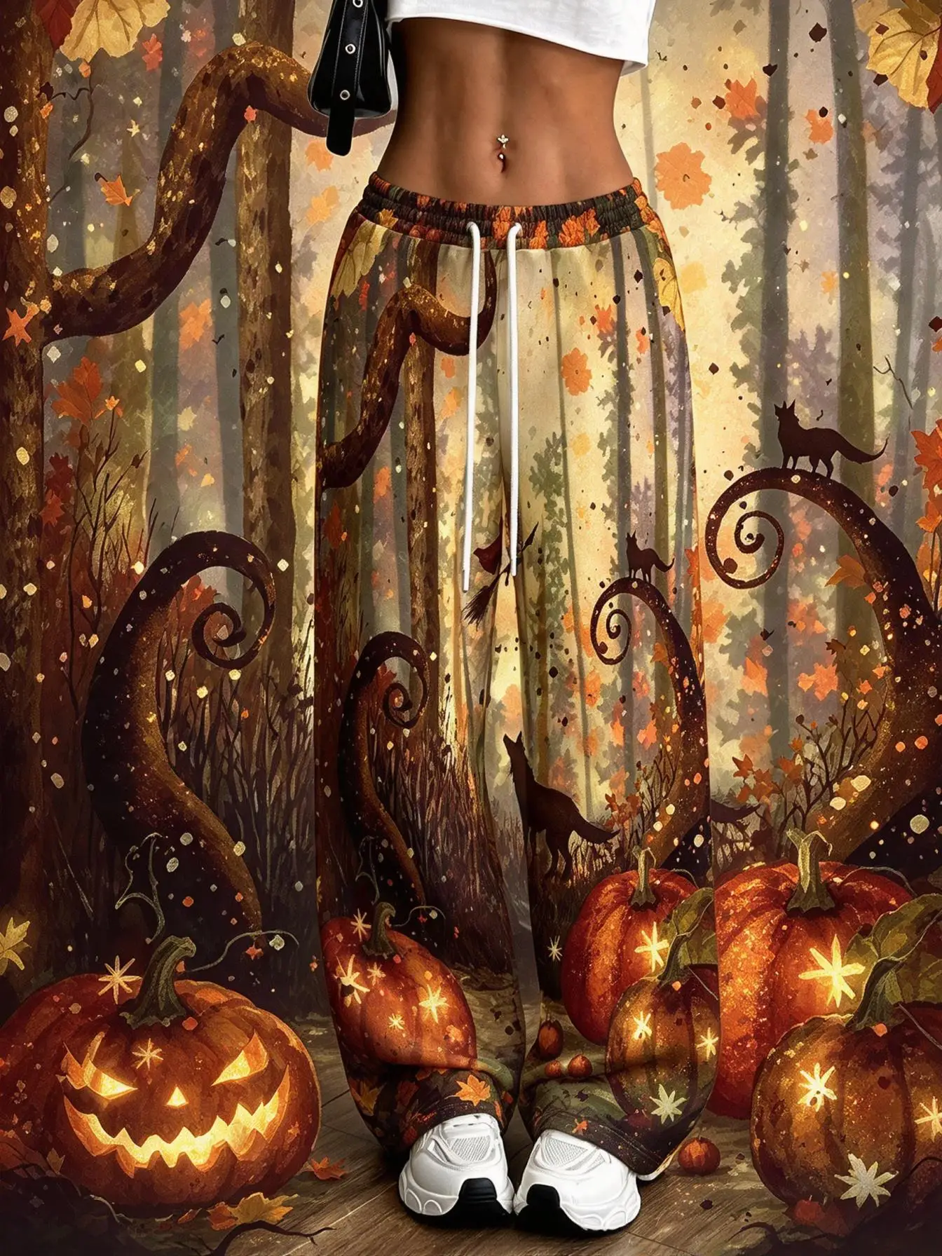 Women Halloween Pumpkin Ghost Castle Print Wide Leg Sweatpants Drawstring Casual Trousers