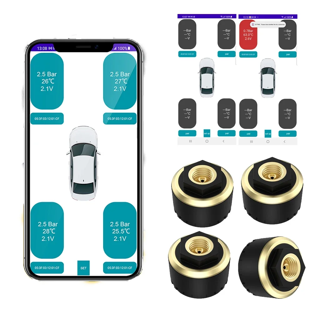 Sistema di monitoraggio della pressione dei pneumatici TPMS per auto Bluetooth 5.0 Display del telefono cellulare sensore di pressione dei pneumatici per auto per moto per lOS Android