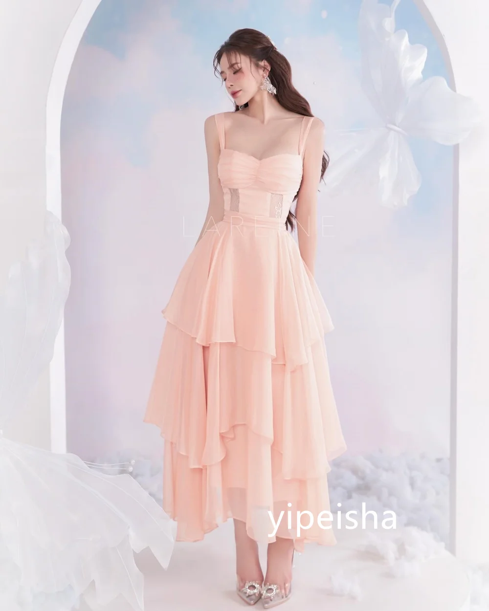 CustomizedExquisite Chiffon Tiered A-line Sweetheart Midi Dresses Prom Dresses Modern Style Pastrol Unisex Chinese Style Formal 