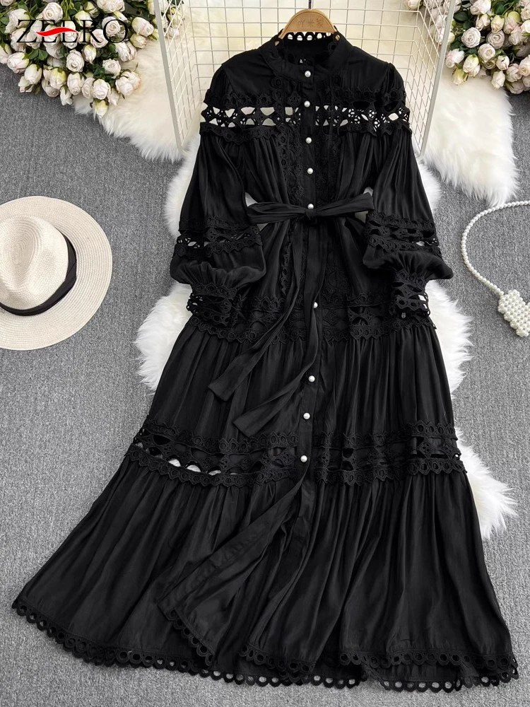 High Quality Sexy Hollow Out Lace Patchwork Maxi Dresses Single Breasted Stand Neck Long Sleeve Belt Party Dress Spring Fall