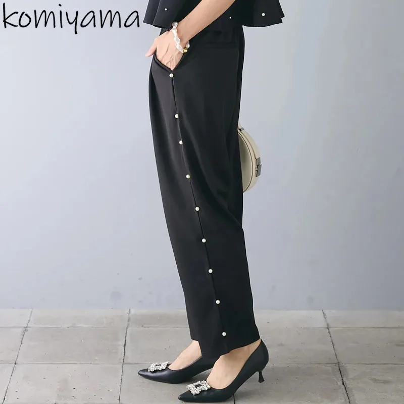 

Spliced Peals Beads Ropa De Mujer Fashion New Elastic Waist Pantalones Casual Loose Woman Clothing Straight Pant Pants