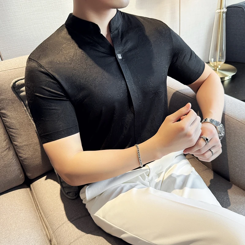 New Chinese Style Stand-up Collar Seamless Polo Shirts Summer Fashion Jacquard Short Sleeve Slim Elasticity Breathable T-shirt