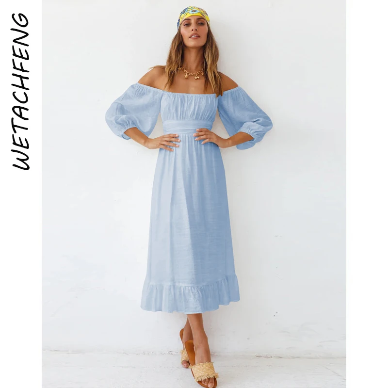 

Bohemian Beach Holiday Summer Long Dress Women Elegant Solid France Ruffles Lantern Sleeve Backless Lace Up Female Maxi Vestido