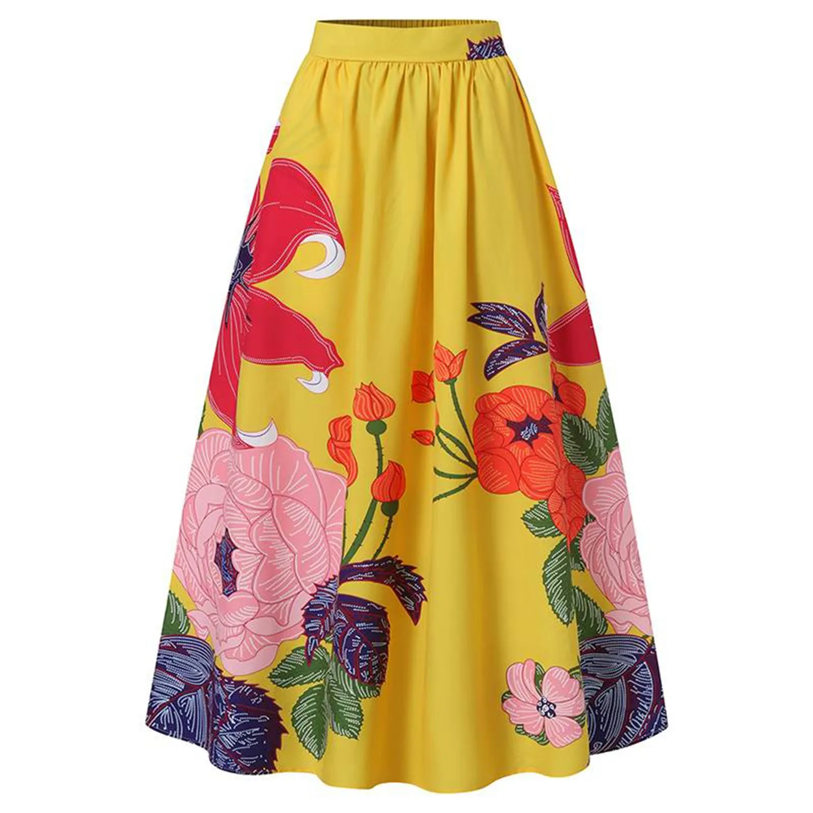 Women'S Floral Print Maxi Long Skirt High Waist Pocket Party Beach Skirt Summer/Autumn Fresh Sweet Color Floor-Length Clothes