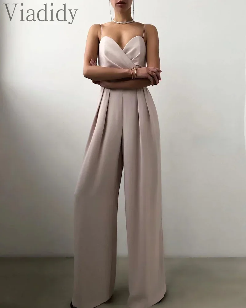 

Женский элегантный комбинезон с тонкими бретелями, вырезом «сердечко», широкими штанинами, высокой талией, без рукавов, длинный, в стиле ромпер