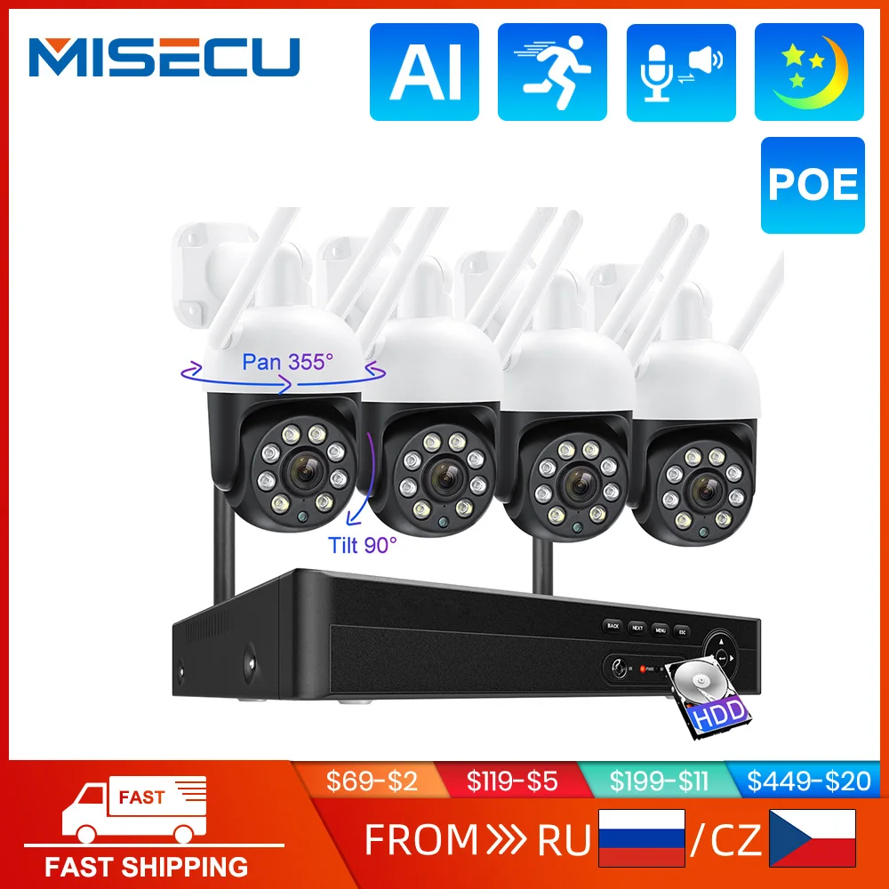 MISECU 4MP 8CH PTZ Wireless Security System Two way Communication Wifi Outdoor Motion Detect CCTV Surveillance Protection Kit