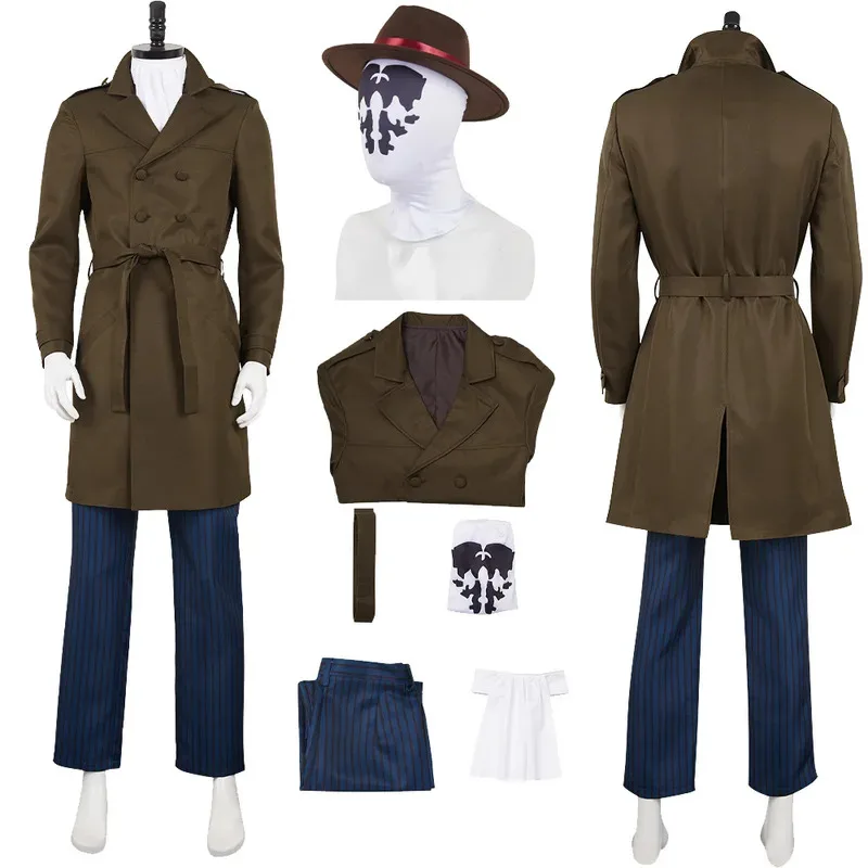 

Male Rorschach Cosplay Costume Movie Watchman Roleplay Hat Coat Pants for Men Adult Outfits Halloween Carnival Party Fancy Suit
