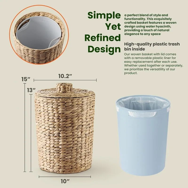 3 Gallons Wicker Woven Waste Basket with Lid - Water Hyacinth Trash Can for Office Garbage - Handwoven WasteBaskets