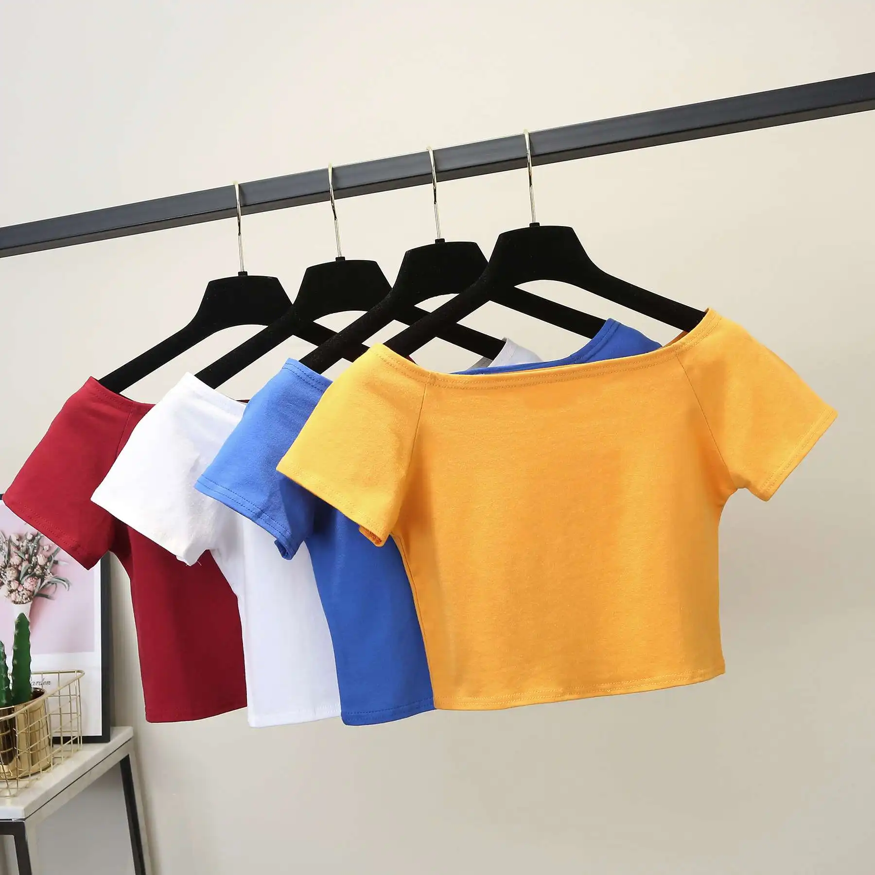 

Летняя футболка с высокой талией ort Sve Женская Navelexpose Pure Color Хлопок на одно плечо 00% ор Длина Базовый Sle