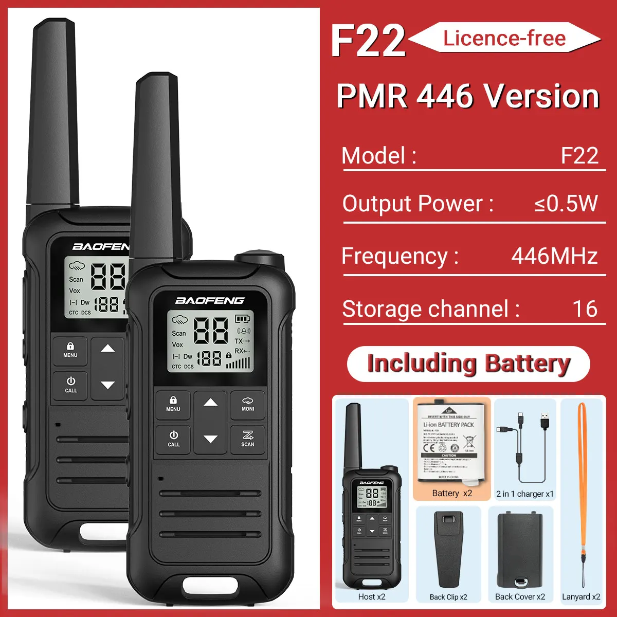 Baofeng-ミニトランシーバーpmr446 frs, f22, 2パーツ,ポータブル,LCD