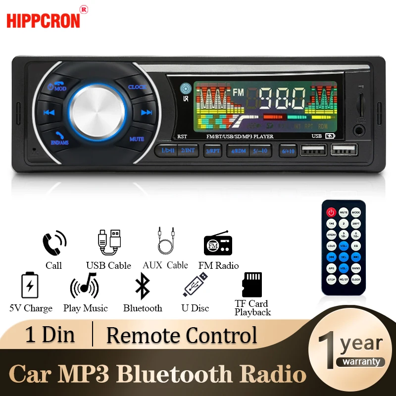 Hippcron Car Radio 1 din Stereo Receiver FM Bluetooth MP3 Audio Player Cellphone Handfree Digital USB/TF With In Dash Aux Input