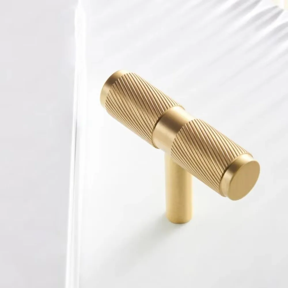 Solid Brass Cabinet Handles Surface Mounted Ribbed Cylindrical Furniture Handles DIY Friendly Brushed Gold Door Pulls